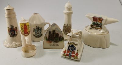 7 X CRESTED WARE TO INCLUDE: BEE SMOKERS CANISTER FLAT IRON WATER PUMP OLD FASHIONED CAMERA 