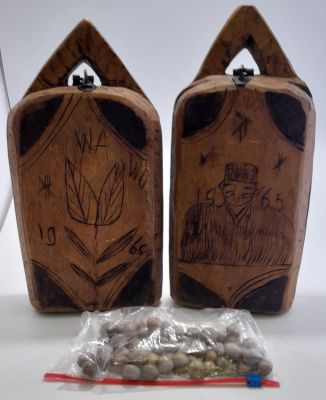 RARE VINTAGE AFRICAN HAND CARVED 'MANCALA' GAME WITH ORIGINAL PEBBLES - LENGTH OF CASES WHEN 