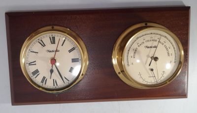 HARDWOOD BACKED BRASS SURROUND NAUTICALIA CLOCK &amp; BAROMETER IN VGC - 12 X 6.5 INCHES