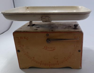 RARE VINTAGE SWISS MADE METAL LYSSEX SCALES - WEIGHS UP TO 10KG 6.5 X 8.5 X 6.5 INCHES