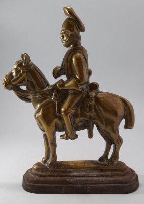 HEAVY VICTORIAN BRASS CAVALRY MAN ON HORSE WITH CAST IRON PEDESTAL - 10 X 8 INCHES