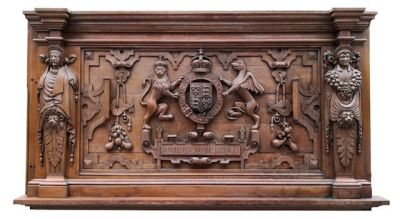 WONDERFUL 16TH CENTURY ORNATE OAK OVERMANTLE GIFTED BY QUEEN ELIZABETH THE FIRST TO PAYMASTER 