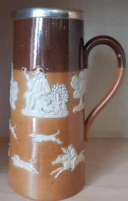 19th CENTURY DOULTON LAMBETH BUCOLIC HOUNDS &amp; HUNTSMEN SILVER RIMMED HALLMARKED POT IN VGC 