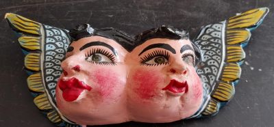 1960'S MEXICAN HAND PAINTED WOODEN CARNIVAL CHERUB TWINS - 16 X 7 INCHES