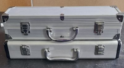 2 X ALUMINIUM CASES - ATTACHE CASE 15 X 10 X 2.5 INCHES SLIMLINE CASE 14 X 4 X 3 INCHES