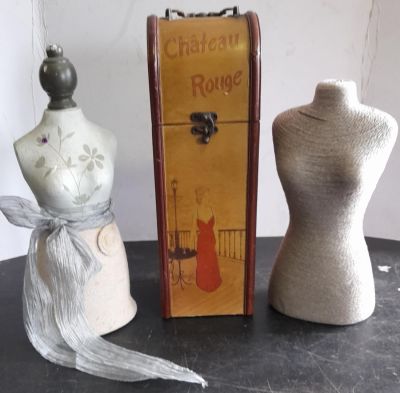 HAND PAINTED FRENCH WINE BOTTLE HOLDER &amp; 2 MINI MANNEQUINS