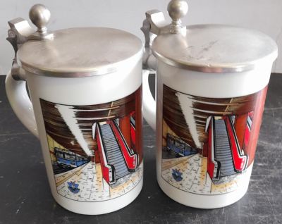 PAIR OF RARE UNUSUAL GERMAN UNDERGROUND RAILWAY CERAMIC PEWTER LIDDED STEINS
