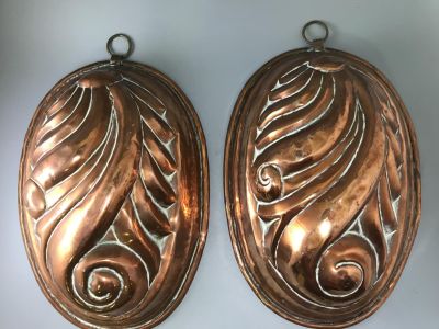 PAIR VINTAGE HANGING COPPER MOULDS EACH 12 X 8 INCHES