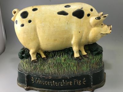 HUGE HEAVY CAST IRON DOORSTOP OLD GLOUCESTER BLACK SPOT PORKER 8.5 X 10 INCHES APPROX