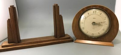 SMITHS WOODEN MANTLE CLOCK TOGETHER WITH WOODEN ART DECO PHOTO FRAME 12 INCHES IN LENGTH