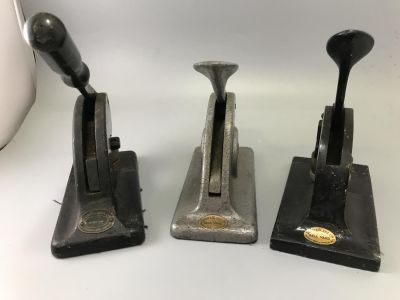 3 X HEAVY VINTAGE STAMP PRESSES (2 BY SHAW &amp; BLAKE LTD LONDON) (1 BY JORDAN &amp; SON LTD 