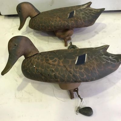 PAIR OF VINTAGE RUBBER DECOY DUCKS WITH WEIGHTS EACH 14 INCHES IN LENGTH