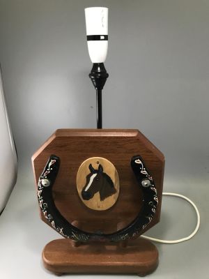 VINTAGE WOODEN BASED LUCKY GYPSY HORSESHOE LAMP WITH HAND PAINTED HORSESHOE DECOR STANDING 18.5 