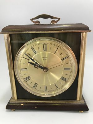 VERY HEAVY VINTAGE BRASS, WOOD &amp; MARBLE 'METAMEC' MANTLE CLOCK 7 X 7 X 2.5 INCHES