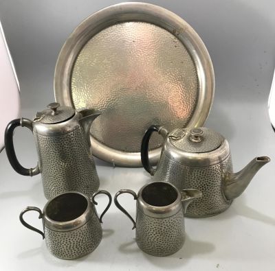 SUPER 5 PIECE MATCHING VINTAGE BEATEN PEWTER COFFEE/TEA SET BY ENGLISH COMPANY 'ARGENT' 