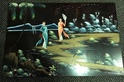 VINTAGE HAND PAINTED ORIENTAL SCENE ON HEAVY WOODEN BOARD 23.5 X 16 INCHES