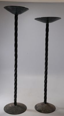 PAIR OF LARGE WROUGHT IRON CANDLE STICKS TALLEST 19 INCHES