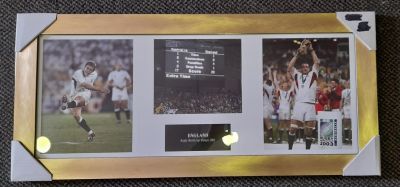 2003 ENGLAND RUGBY WORLD CUP WINNERS IN AUSTRALIA PHOTO MEMORABILIA IN GOLD FRAME WITH GLAZING 