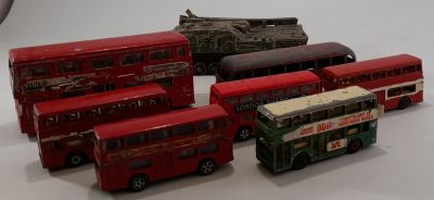 7 X VINTAGE VARIOUS BUSES/COACHES TO INCLUDE: 4 MATCHBOX - CORGI &amp; DINKY (coach has no 