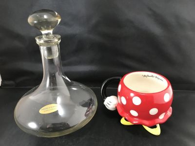 MINI MOUSE OFFICIAL WALT DISNEY DRINKING MUG, AND QUALITY FRENCH SHERRY DECANTER