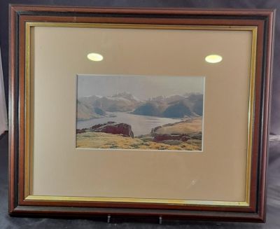 FRAMED AND GLAZED WATERCOLOUR OF ULLSWATER FROM MAWS ART GALLERY, IRONBRIDGE, FRAME 15" X 12"