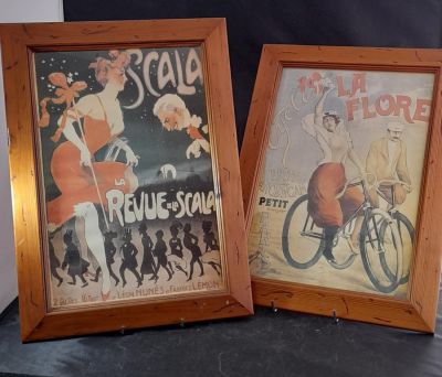 A PAIR OF FRENCH PINE FRAMED AND GLAZED ADVERTISING PRINTS, 16" X 11"