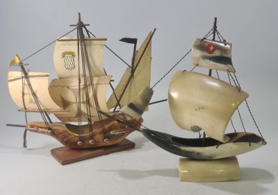 1 BONE GALLEON &amp; 1 WOODEN GALLEON LARGEST 9 X 8 INCHES