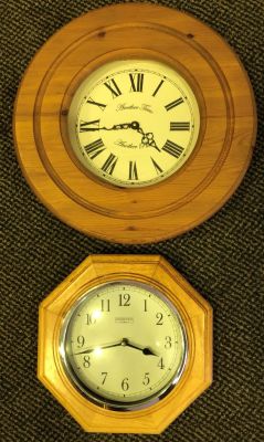 2 X PINE WALL CLOCKS, ONE BY CONSTANT 12" DIAMETER &amp; ONE BY ANOTHER TIME ANOTHER PLACE, 16" 