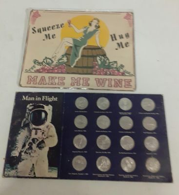 SHELL PETROL COINS X 16 MAN IN FLIGHT &amp; MAN CAVE METAL ADVERTISING SIGN 'SQUEEZE ME, HUGME 