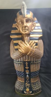 LARGE EGYPTIAN SARCOPHAGUS CABINET WITH THREE INSIDE SHELVES, VERY HEAVY AT WELL OVER 5 KILOS 