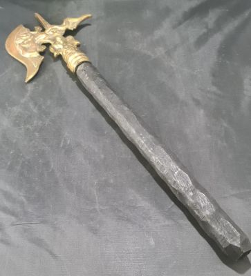 HEAVY WOODEN AND BRASS DRAGON DECOR HAND HALBERD 20" LONG