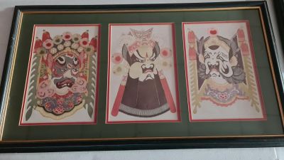 2 X EXCELLENT LARGE ORIENTAL TRIPTYCHS OF DEPICTIONS OF GODS, FRAMED AND GLAZED 32" X 18"