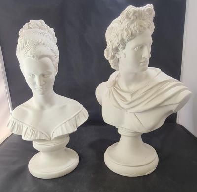 ANCIENT GREECE BUSTS ON PLINTHS - MAN &amp; LADY OF NOBILITY IN VGC, BOTH 14" TALL