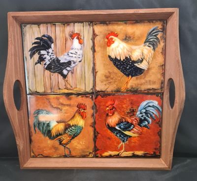 BEAUTIFUL WOODEN TRAY MADE WITH 4 COCKEREL CERAMIC TILES 14.5 X 13.5