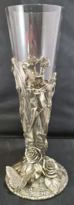 HEAVY ART NOUVEAU STYLE GLASS VASE WITH TOP QUALITY PEWTER OVERLAY BY FOREFRONT MALAYAN FACTORY 