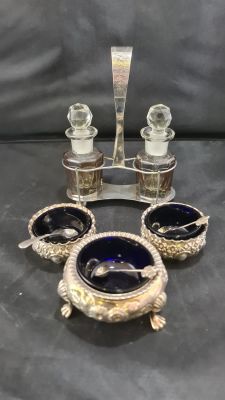 SILVER HALLMARKED SALT CELLARS WITH SPOONS &amp; SILVER HALLMARKED CRUET SET SILVER CONTENT 188gms