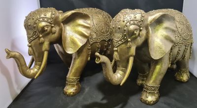2 X UNUSUAL AND ORNATE SYNTHETIC GOLD COLOURED ELEPHANTS 18 X 11 INCHES