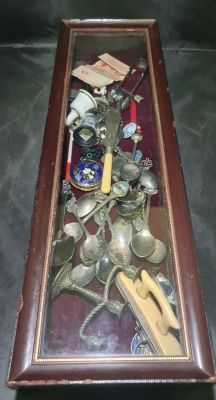 SUPER DARK WOOD DISPLAY CASE WITH MANY INTERESTING CONTENTS 21 X 6 INCHES