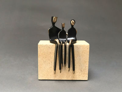 Yenny Cocq - Family of Three. , Bronze figurines, black patina, natural sandstone base, . 5.25‚&Auml;&ugrave; 