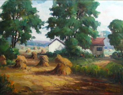 Harry Townsend 28x36 O/C Haystacks. Harry Townsend (IN, 1885-1968) 28x36 , O/C , Signed lower 