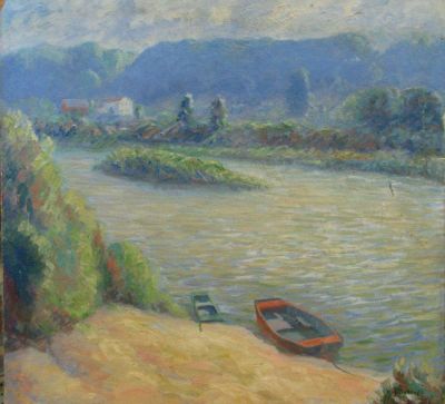 Leroy Trobaugh 28x30 O/B Canoes on River Bank. Leroy Trobaugh (IN, 1878-1955) 28x30 , O/B 