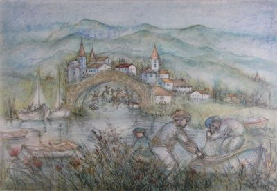 Edna Hibel 21" x 30" Mixed Med Village Scene. Edna Hibel (MA/FL, 1917-1915) 21" x 30" , Mixed 