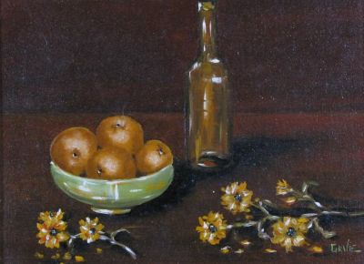 Frederick Grue 9x12 O/C Still Life Onions, Flower. Frederick Grue (IN, 1951-1995) 9x12 , O/C 