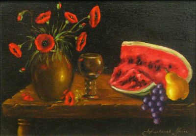 Frederick Grue 10x14 O/C Still Fruit and Flowers. Frederick Grue (IN/CA, 1951-1992) 10x14 , O/C 