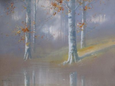 WA Eyden Jr. 18x24 Gouache Birch Reflections. WA Eyden Jr. (IN, 1893-1982) 18x24 , Gouache 