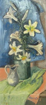 Elnora Day 36x16 O/B Floral Still Life. Elnora Day (IN, Mid 20th Century) 36x16 , O/B , Signed 