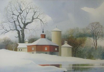Wilbur Meese 16x23 WC Red Barn. Wilbur Meese (IN, 1910-1988) 16x23 , WC , signed lower right 