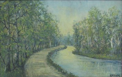 Carl Lotick 9x14 O/B Dawn Path and Stream. Carl Lotick (IN, 1878-1958) 9x14 , O/B , Signed lower 