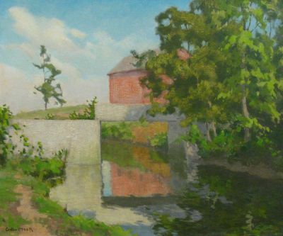 George Mock 20x24 O/B "The Bridge". George Mock (IN/IL, 1886-1958) 20x24 , O/B , Signed lower 