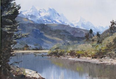 Aston Greathead 11x16 O/B "Arawata River". Aston Greathead (New Zealand, b. 1921) 11x16 , O/B 